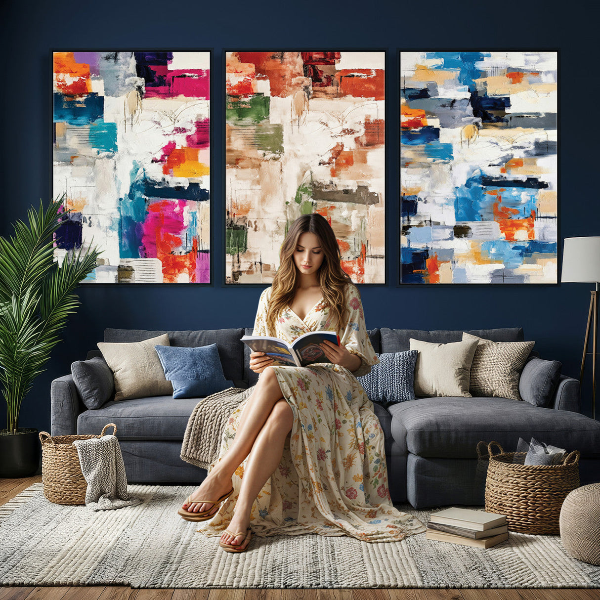 Blue Teal Abstract Canvas Wall Art, Modern Textured Painting Print, Navy Orange White Contemporary Art, Neutral Living Room Decor, Office Art