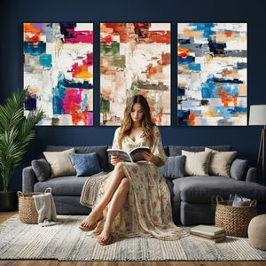Blue Teal Abstract Canvas Wall Art, Modern Textured Painting Print, Navy Orange White Contemporary Art, Neutral Living Room Decor, Office Art