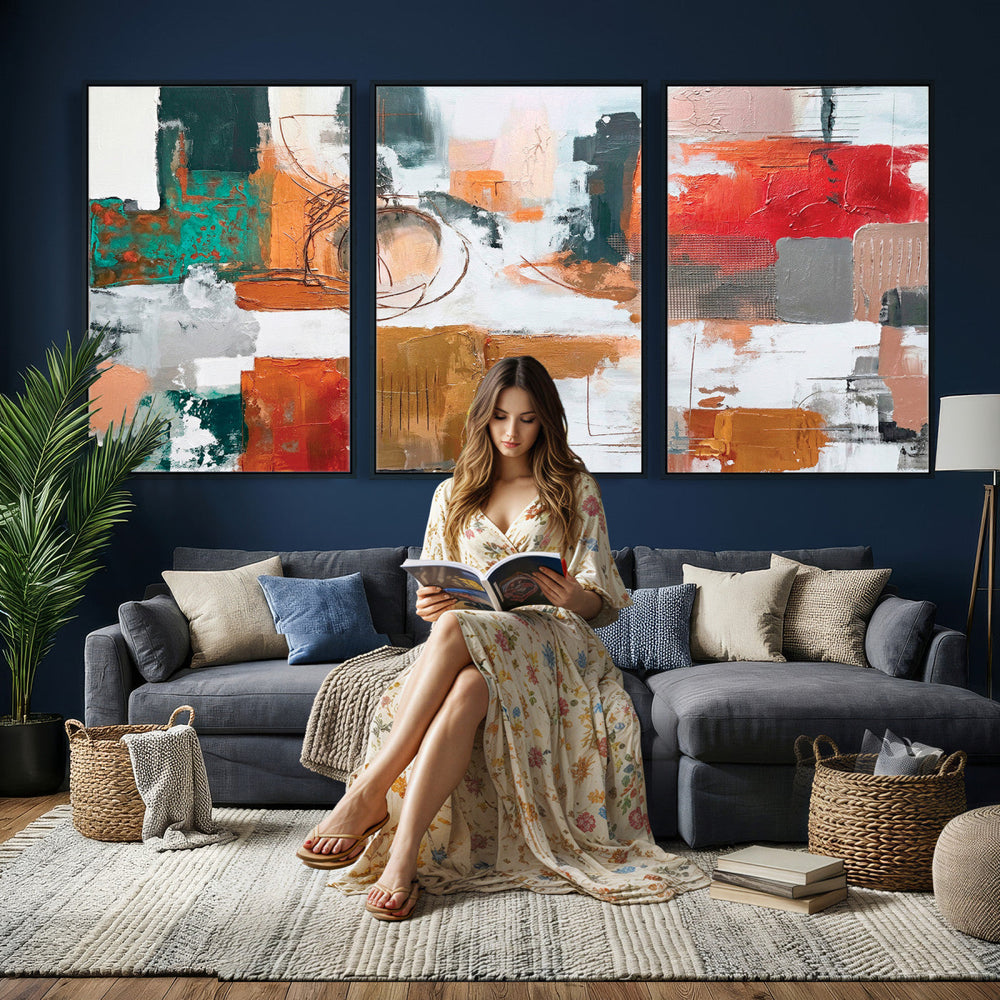 Blue Teal Abstract Canvas Wall Art, Modern Textured Painting Print, Navy Orange White Contemporary Art, Neutral Living Room Decor, Office Art