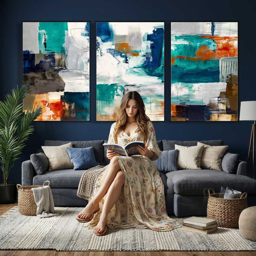 Blue Teal Abstract Canvas Wall Art, Modern Textured Painting Print, Navy Orange White Contemporary Art, Neutral Living Room Decor, Office Art