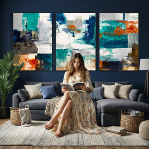 Blue Teal Abstract Canvas Wall Art, Modern Textured Painting Print, Navy Orange White Contemporary Art, Neutral Living Room Decor, Office Art
