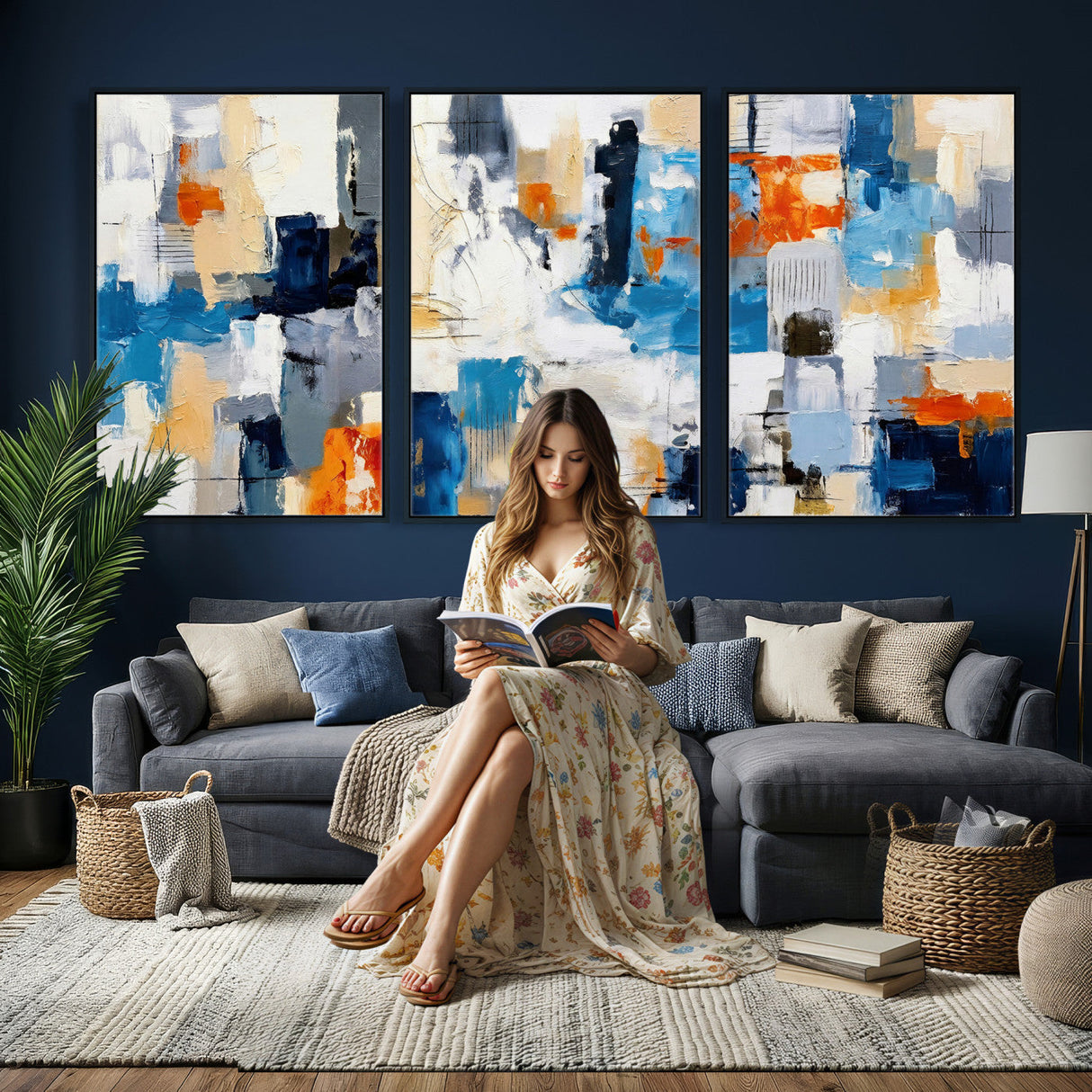 Blue Teal Abstract Canvas Wall Art, Modern Textured Painting Print, Navy Orange White Contemporary Art, Neutral Living Room Decor, Office Art