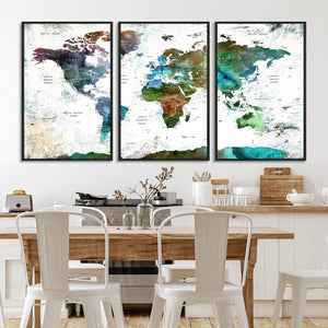 Modern Watercolor World Map Canvas Wall Art – Framed