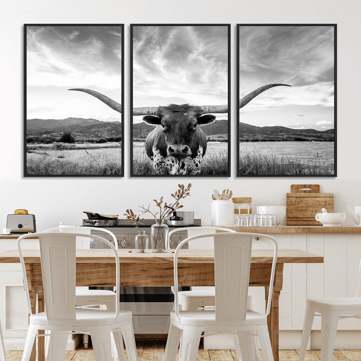 Longhorn Black and White Wall Art – Rustic Western Bull