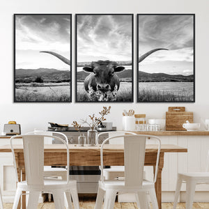 Longhorn Black and White Wall Art – Rustic Western Bull