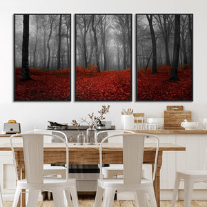 Red Forest Floor Canvas Wall Art – Mystical Foggy Woodland