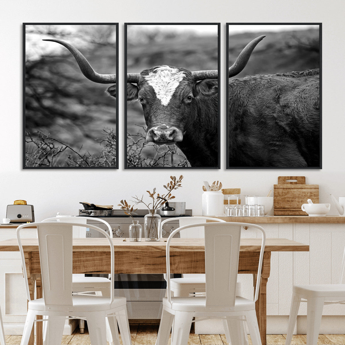 Western Home Wall Art Canvas Print, Framed Texas Longhorn