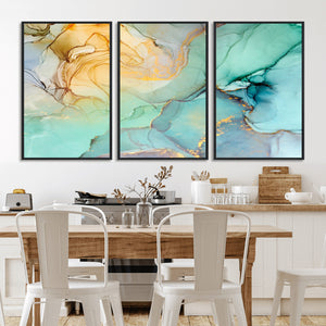 Abstract Aqua and Gold Fluid Wall Art Canvas | 3 Panel Large