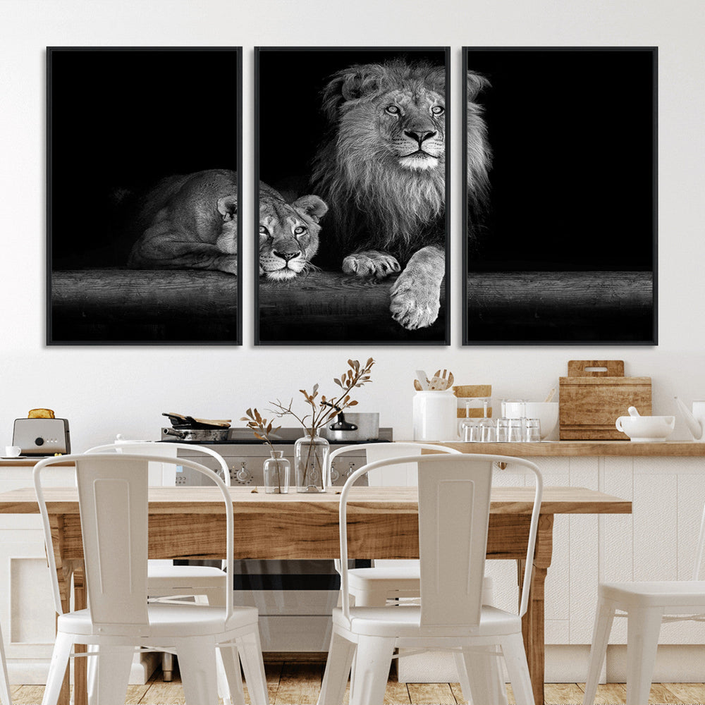 Large Black and White Lion Couple Wall Art Canvas Print –