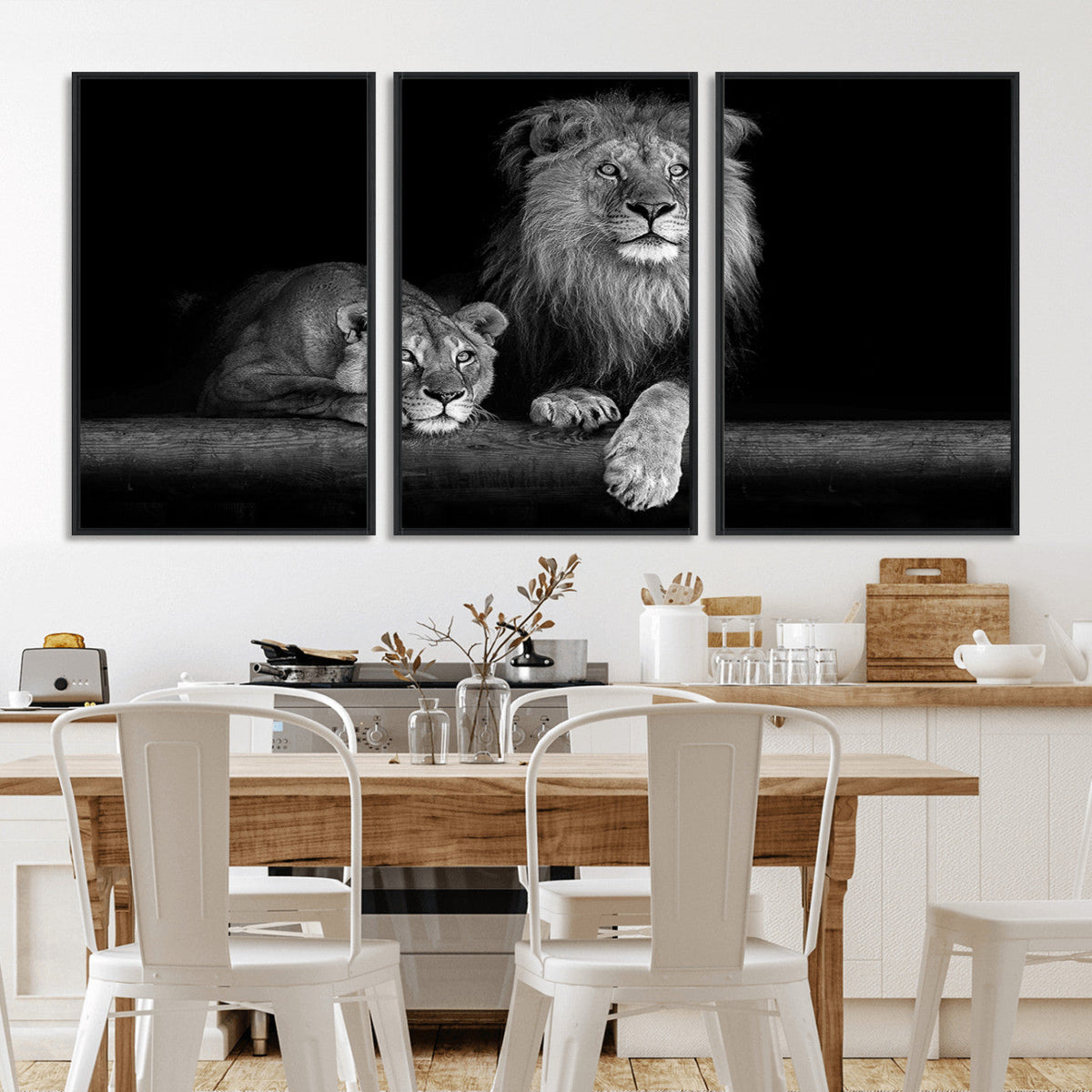 Large Black and White Lion Couple Wall Art Canvas Print –