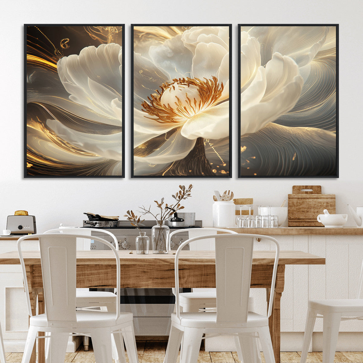 Gold Floral Wall Art Canvas Print, Framed Modern Flower Art