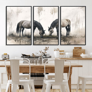 Chines Ink Style Vintage Horses Wall Art Canvas Print for