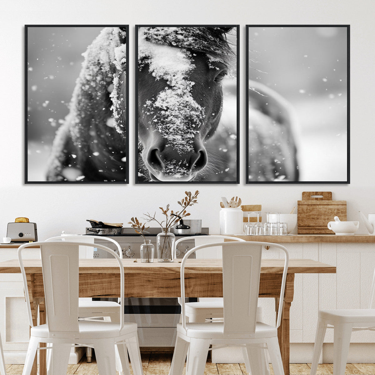 Black and White Horse Winter Wall Art | Ready to Hang and