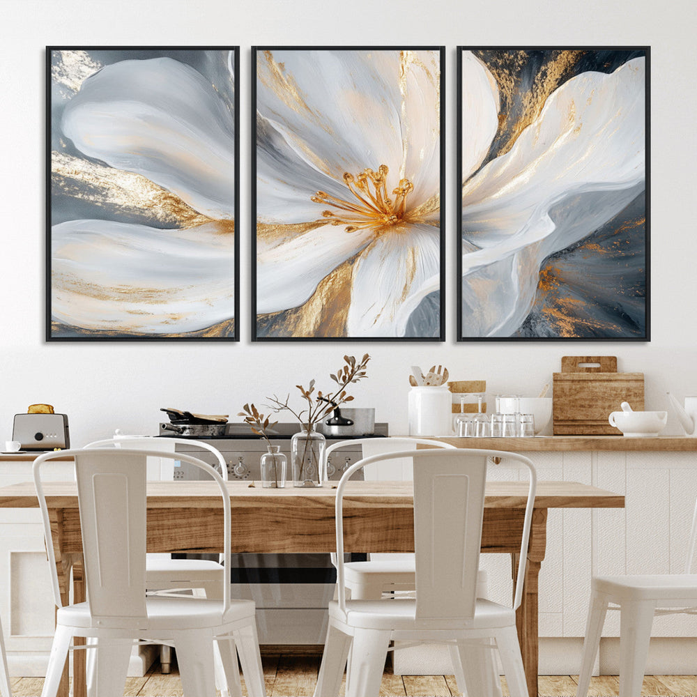 White and Gold Floral Canvas Wall Art - Framed and Ready to