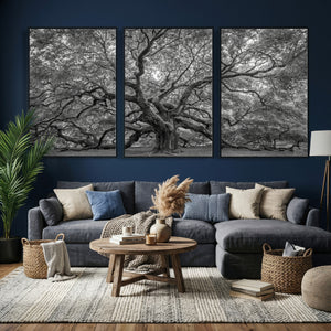 Majestic Angel Oak Tree Black and White Canvas Print – Multi
