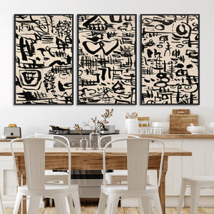 Abstract Love and Chaos Canvas Print, Black Symbols on Beige