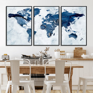 Modern Blue World Map Canvas Print – Framed Wall Art,