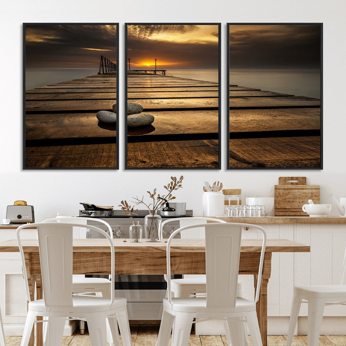 Stones on Wooden Pier at Sunset Canvas Print, Serene Coastal