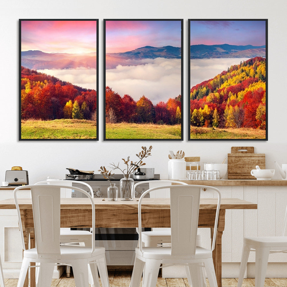 Autumn Mountain Foggy Landscape Wall Art Canvas Print |