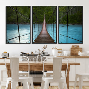 Suspension Bridge Over River Canvas Art | 3-Panel Nature