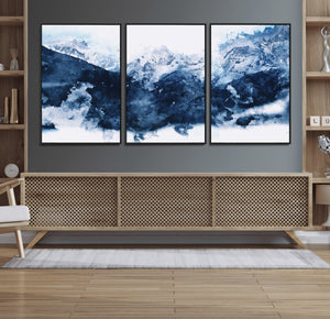 Abstract Blue Mountain Canvas Wall Art – Modern Triptych