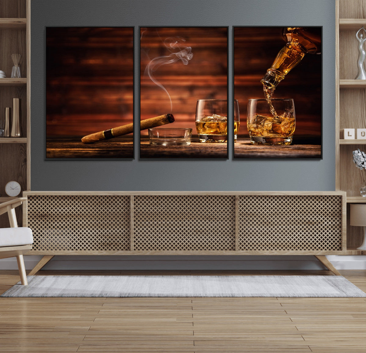 Whiskey and Cigar Wall Art Canvas | 3 Panel Bar Room Decor