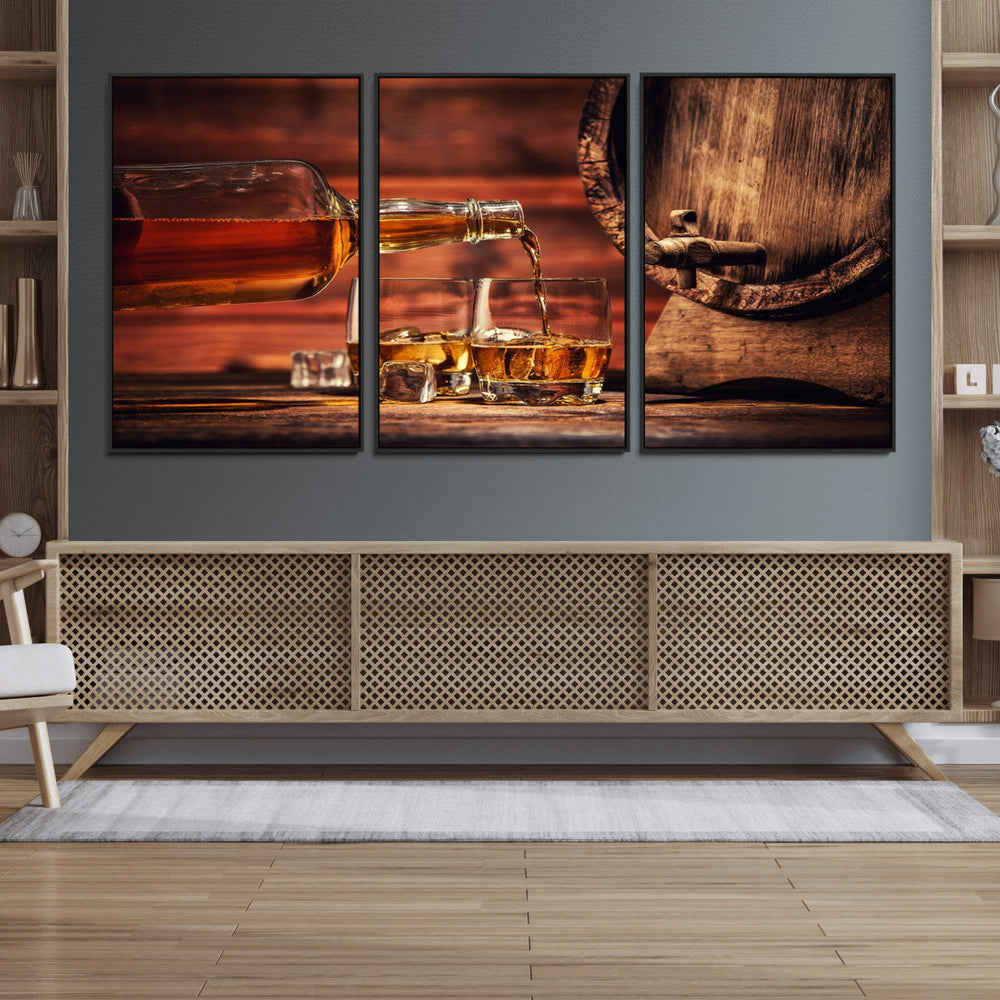 Whiskey and Cigar Canvas Wall Art | 3 Panel Bar Room Decor