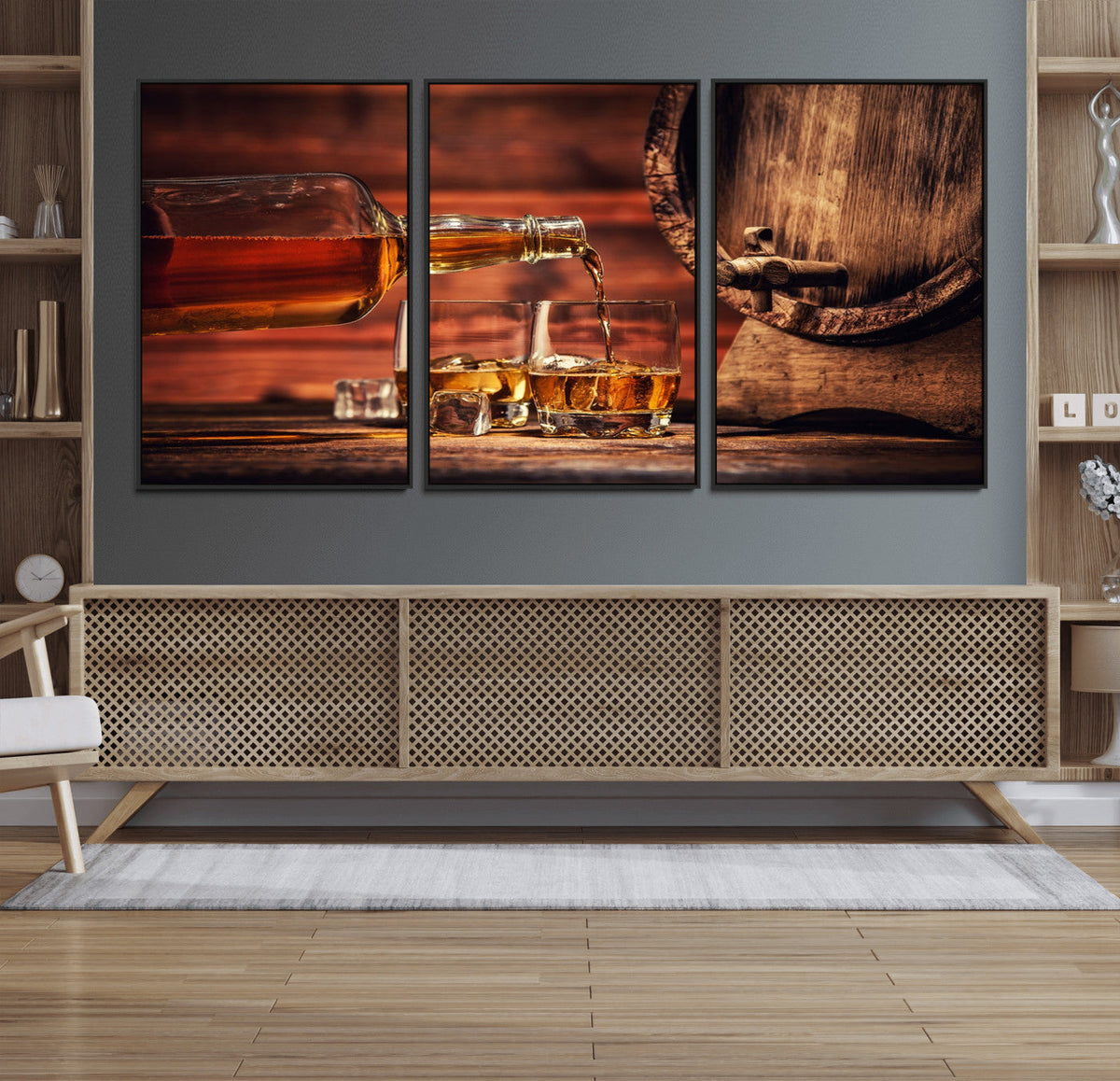 Whiskey and Cigar Canvas Wall Art | 3 Panel Bar Room Decor