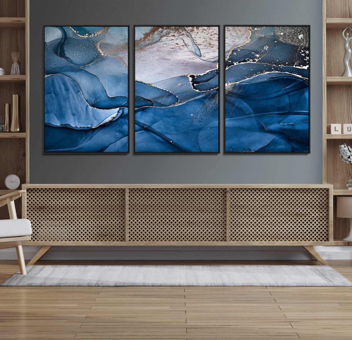 Navy Blue Canvas Art Abstract Print – Elegant Triptych