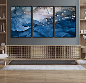 Navy Blue Canvas Art Abstract Print – Elegant Triptych