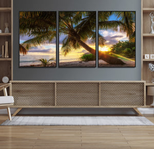 Tropical Island Sunset on the Beach Palms Wall Art Canvas