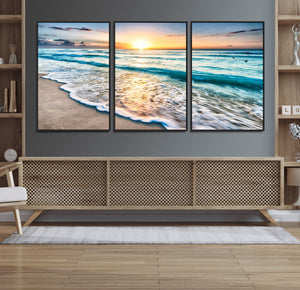 Sunset Beach Waves Canvas Wall Art – 5-Panel Ocean Sunset