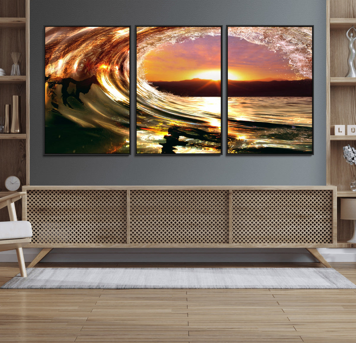 Golden Wave Sunset Triptych Canvas Art, Giclee Canvas Print