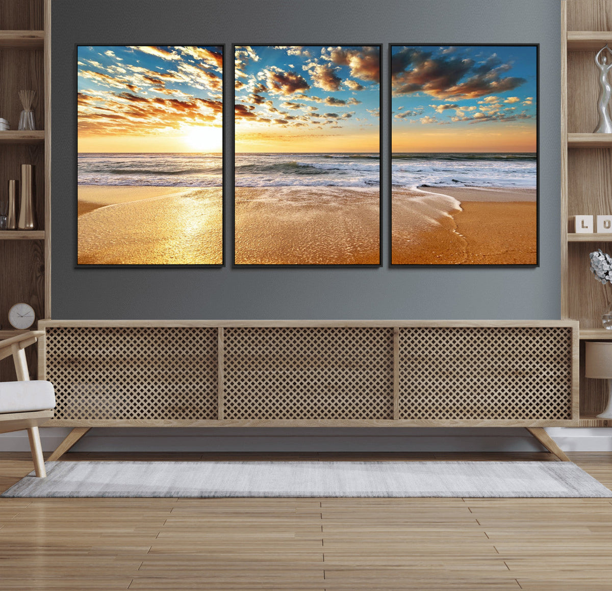 Golden Sunset Beach Print Canvas Wall Art, Giclee Canvas