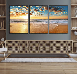 Golden Sunset Beach Print Canvas Wall Art, Giclee Canvas