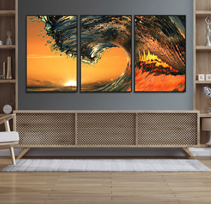 Surf Wave Sunset Canvas Wall Art Print, 3-Panel Ocean