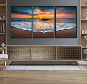 Sunset Beach Canvas Wall Art – Colorful Ocean Waves Triptych