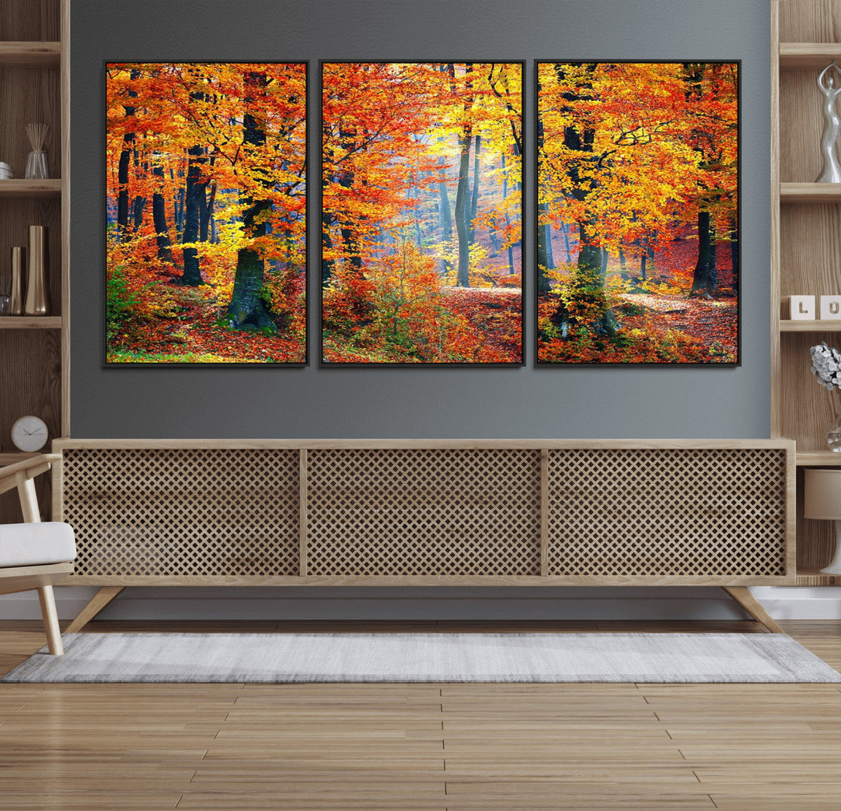 Autumn Red Forest Triptych Canvas Wall Art Print, Forest