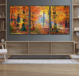 Autumn Red Forest Triptych Canvas Wall Art Print, Forest
