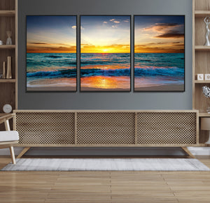 Vibrant Ocean Sunrise Over Golden Beach Waves, Giclee Canvas