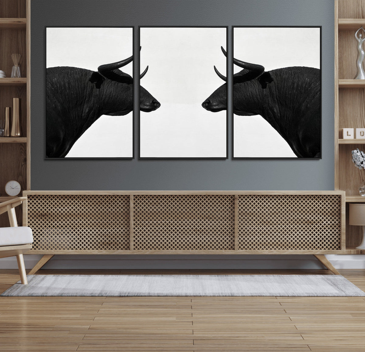 Spanish Bull Art - Framed Black and White Bull Canvas Print