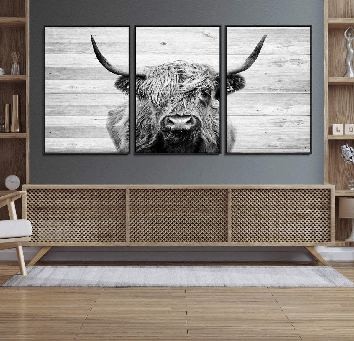 Scottish Highland Cow Cattle Art Print on Wood Background