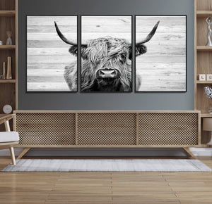 Scottish Highland Cow Cattle Art Print on Wood Background