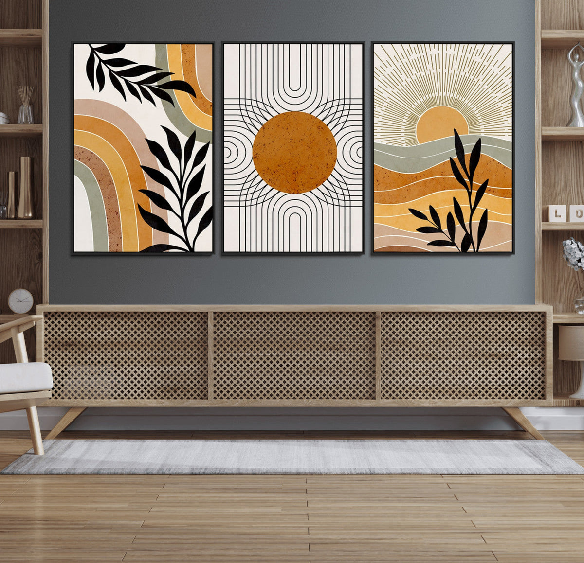 Modern Boho Sun and Leaf Abstract Art – 3-Panel Giclée
