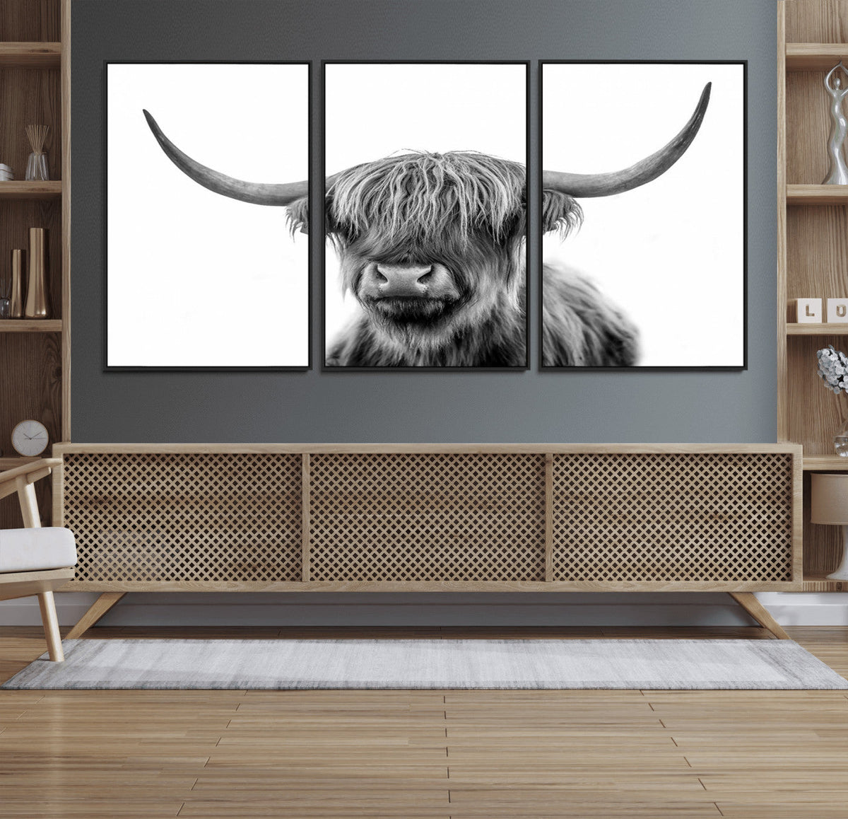 Grayscale Scottish Highland Cow Cattle Art Print Farmhouse