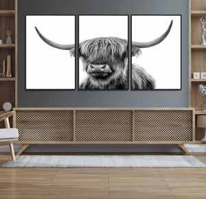 Grayscale Scottish Highland Cow Cattle Art Print Farmhouse
