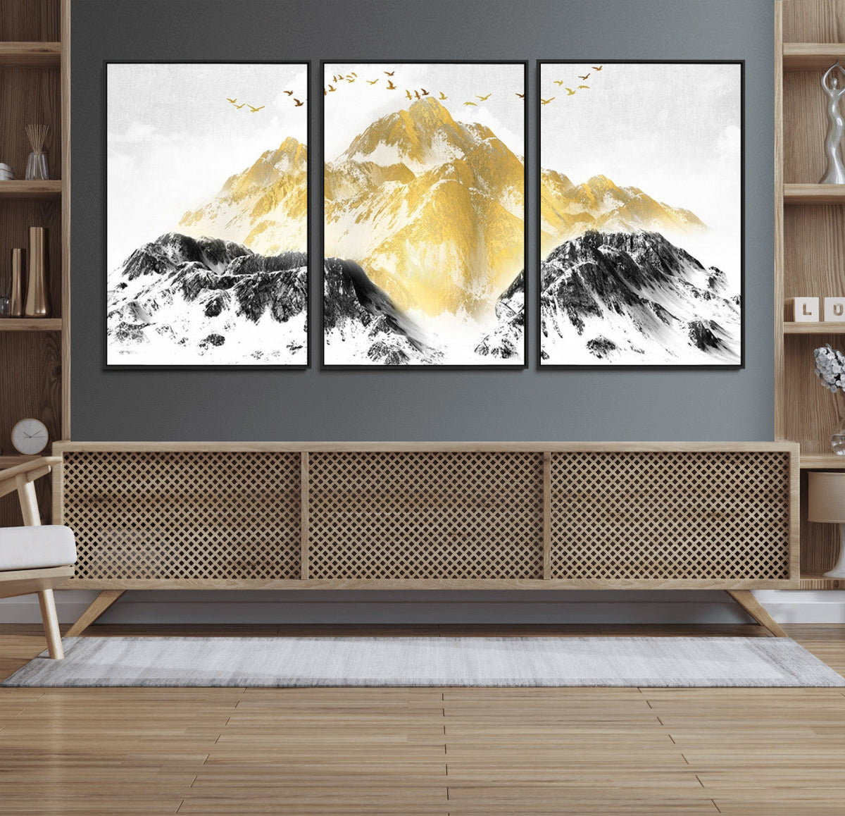 Golden Mountain Triptych Wall Art Canvas Print, Modern