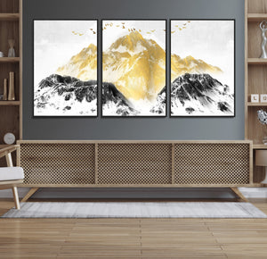 Golden Mountain Triptych Wall Art Canvas Print, Modern