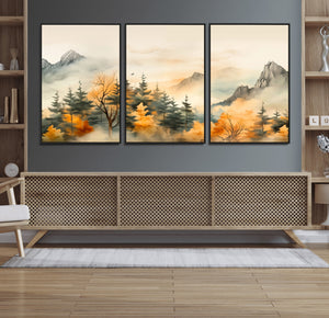 Abstract Watercolor Mountains and Trees Autumn Art,