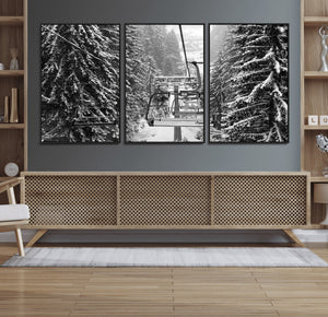 Winter Ski Lift Black and White Canvas Wall Art – Alpine